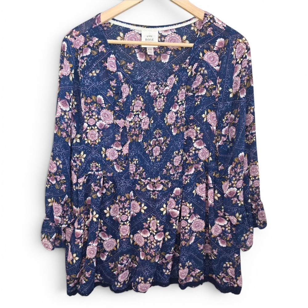 Knox Rose Top Womens XXL 2XL Blue Smocked Boho Floral Print Sheer Casual